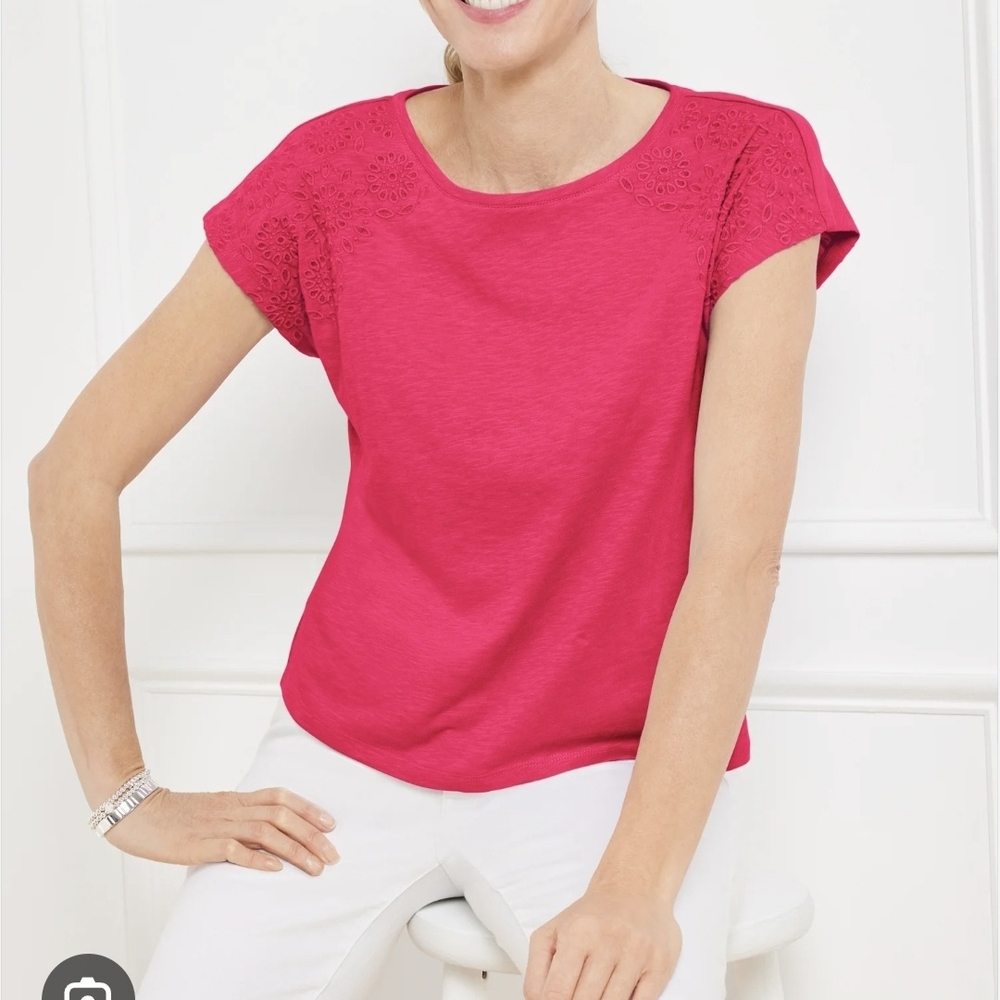Talbots Bright Pink Eyelet Shoulder Short Sleeve Tee